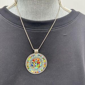 Silver Braided Pendant with Aqua rhinestones and Rainbow Seed Beads